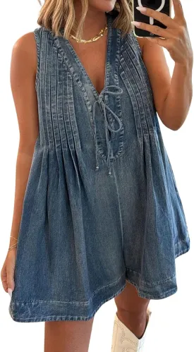 loveimgs Women Cute Denim Romper Shorts Overall Dress Sleeveless V Neck Ruffle Jean Jumpsuit Jumper Summer Y2k 2025
