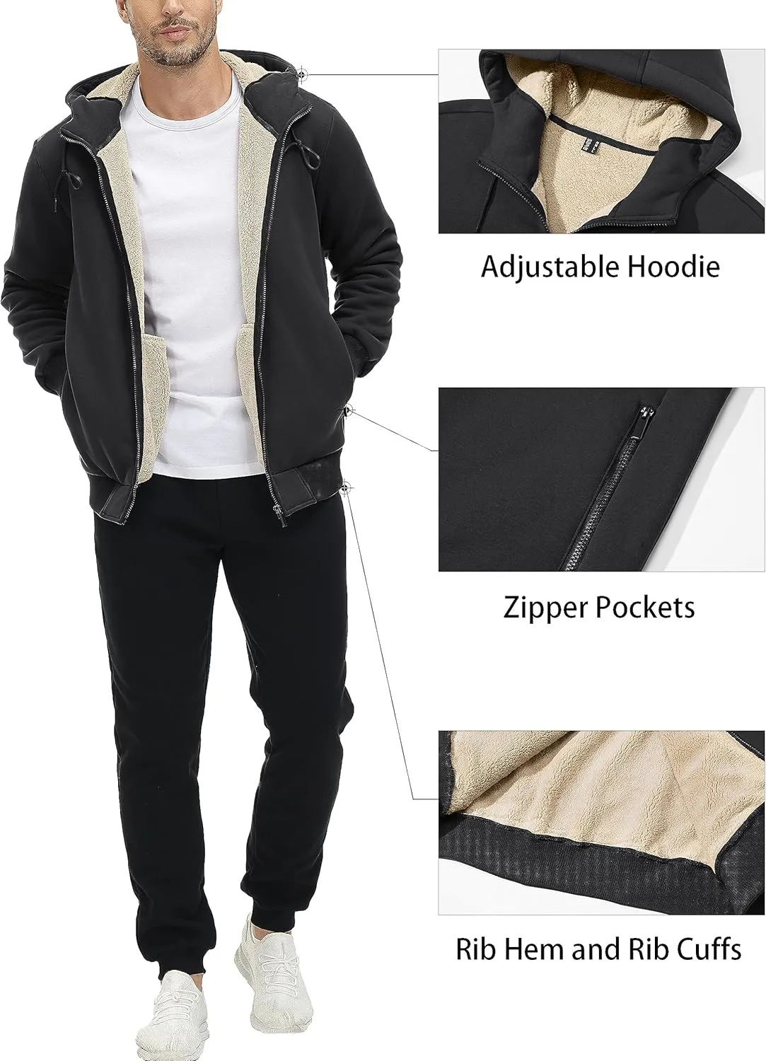 MAGCOMSEN Men's Fleece Hoodie Sherpa Jacket Full Zip Warm Fuzzy Windproof Winter Coats Hooded Outwear