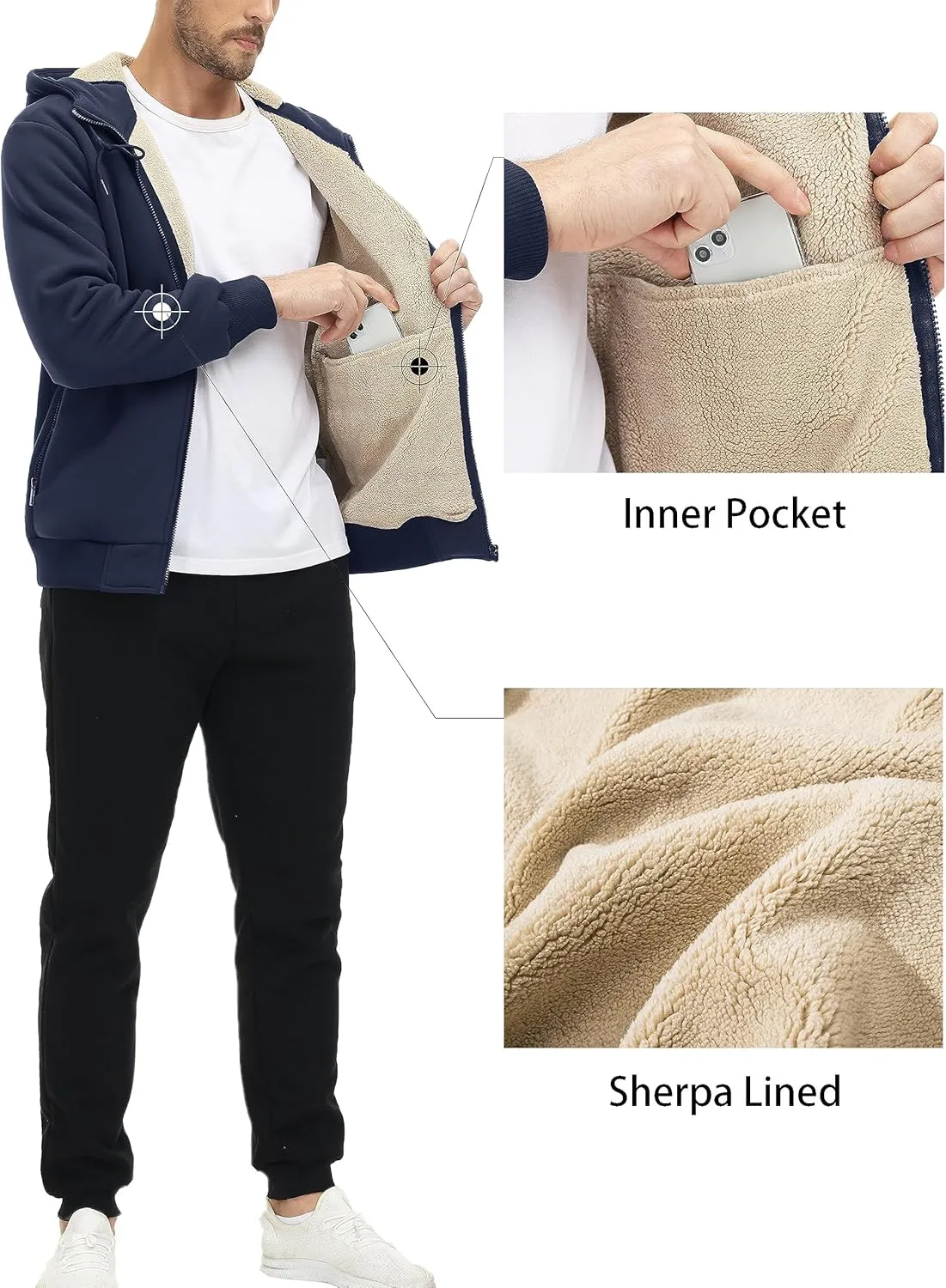 MAGCOMSEN Men's Fleece Hoodie Sherpa Jacket Full Zip Warm Fuzzy Windproof Winter Coats Hooded Outwear