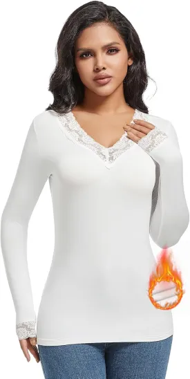 MANCYFIT Thermal Underwear for Women Long Sleeve Undershirt Lace V Neck Shirts Fleece Lined Tops Cold Weather