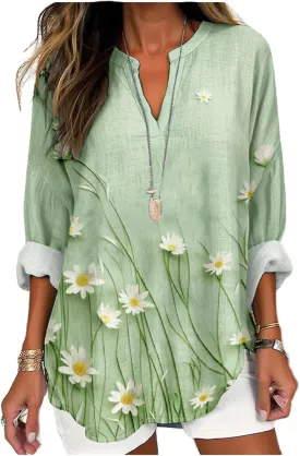 MARSVOVO V Neck Shirt For Women Boho Multi Style Blouse Long Sleeve Novelty Graphic Plus Size Pullover Tops For Women