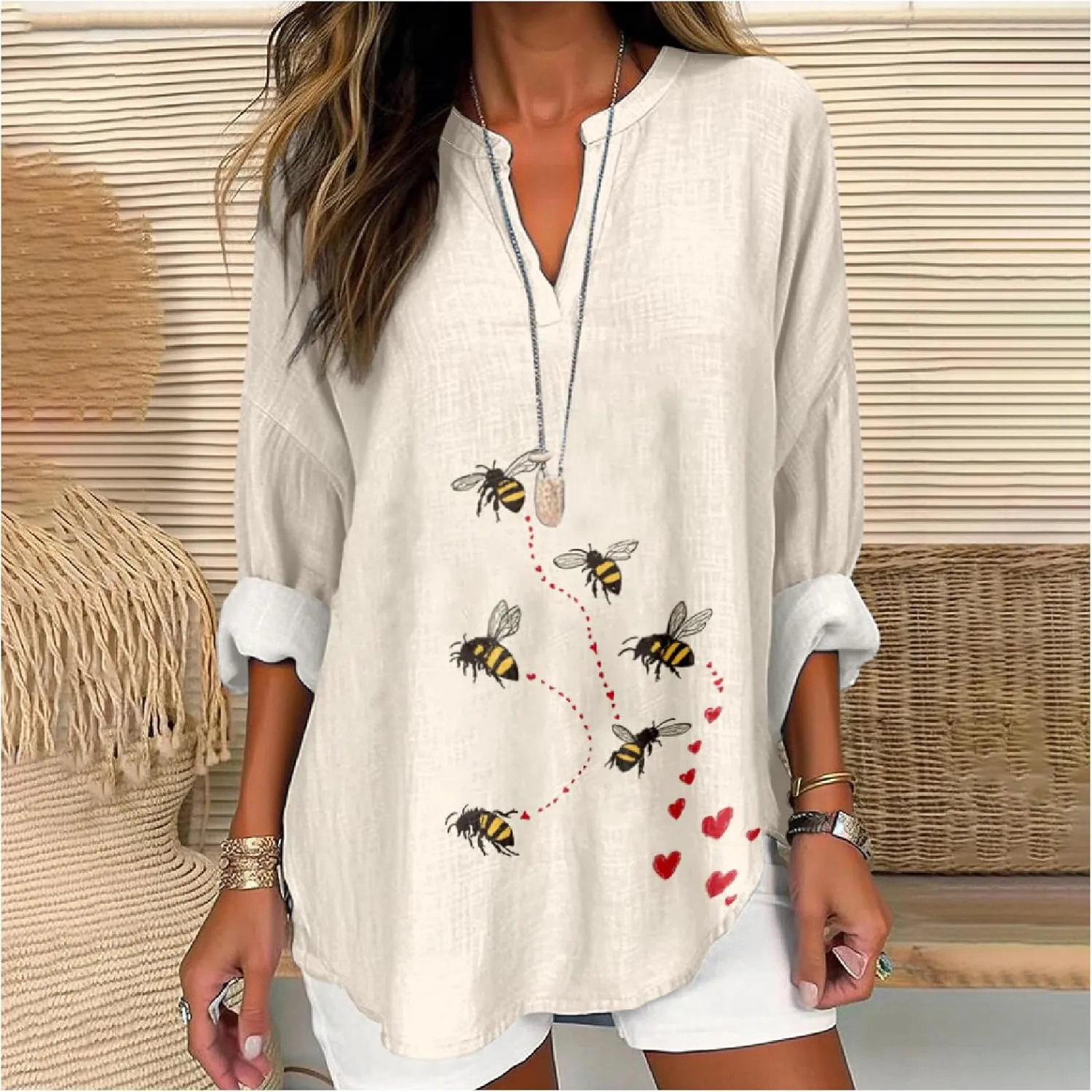 MARSVOVO V Neck Shirt For Women Boho Multi Style Blouse Long Sleeve Novelty Graphic Plus Size Pullover Tops For Women