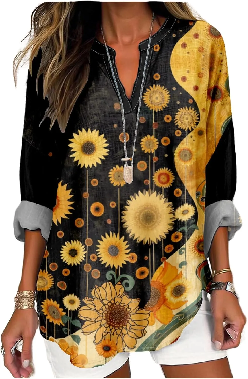 MARSVOVO V Neck Shirt For Women Boho Multi Style Blouse Long Sleeve Novelty Graphic Plus Size Pullover Tops For Women