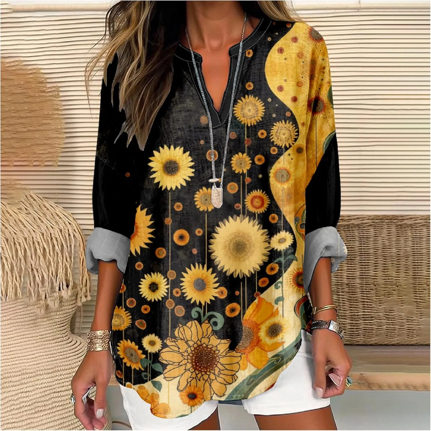 MARSVOVO V Neck Shirt For Women Boho Multi Style Blouse Long Sleeve Novelty Graphic Plus Size Pullover Tops For Women