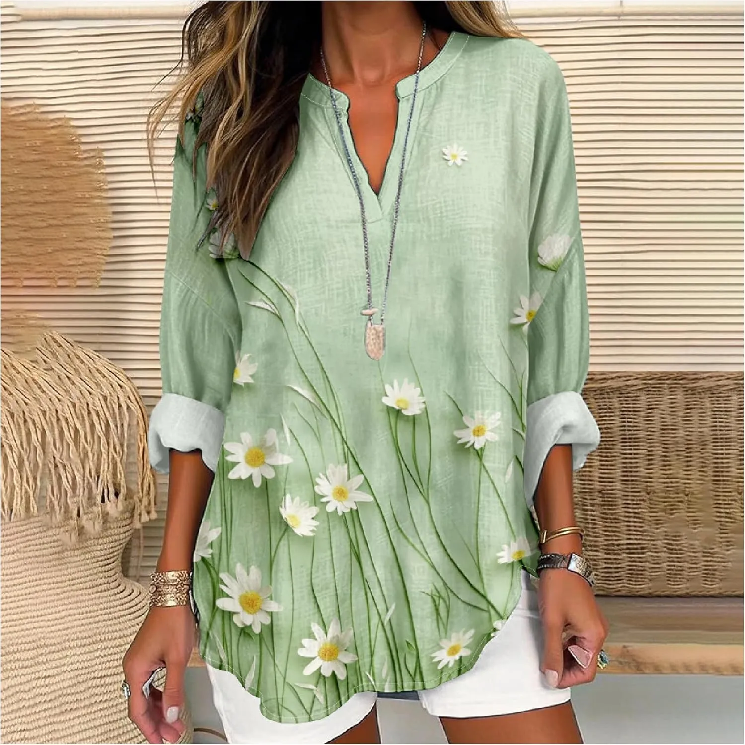 MARSVOVO V Neck Shirt For Women Boho Multi Style Blouse Long Sleeve Novelty Graphic Plus Size Pullover Tops For Women