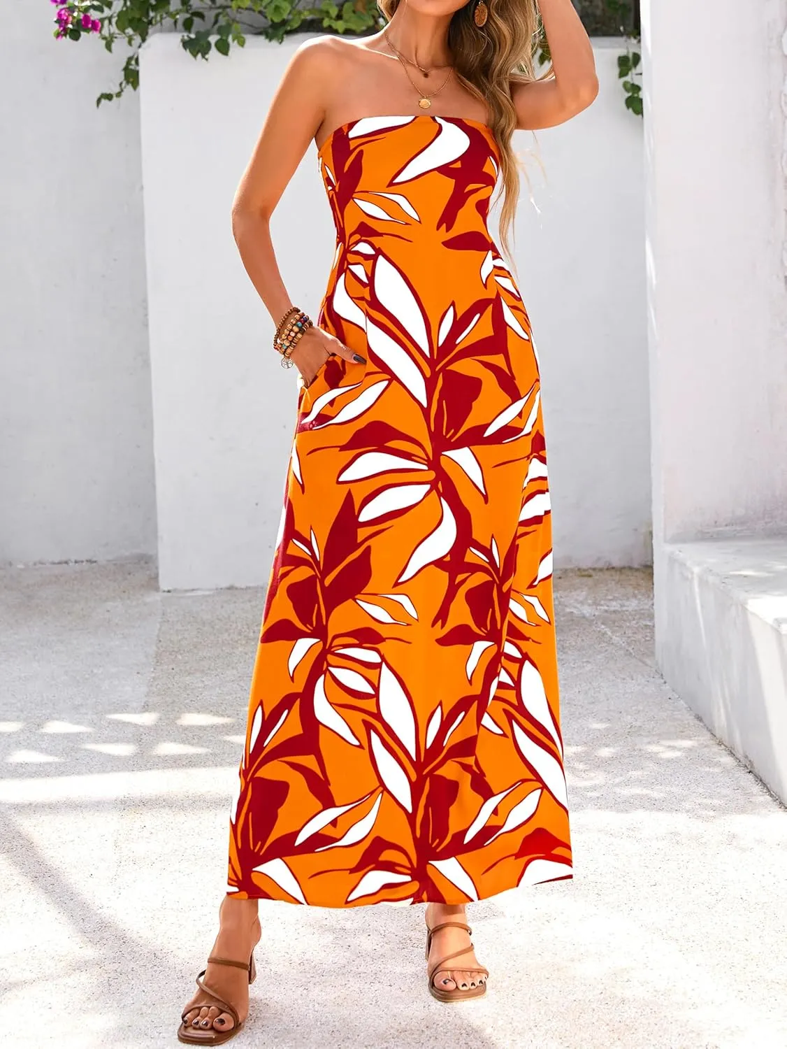 MASCOMODA Tube Strapless Top Dress for Women 2025 Summer Beach Long Maxi Dresses Smocked Boho Floral Flowy Resort Sundress