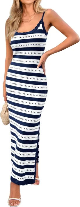 MASCOMODA Women 2025 Spaghetti Strap Striped Bodycon Maxi Dress Summer Sleeveless Knit Fitted Beach Long Sundress with Slit