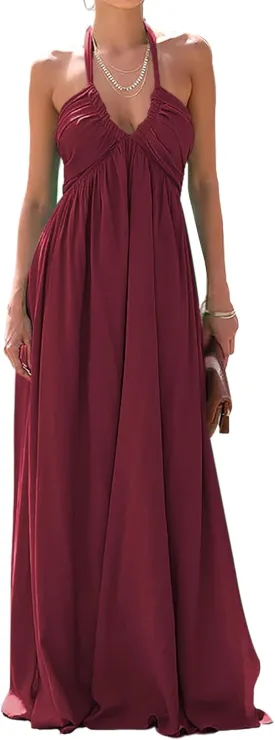 Maxi Chiffon Dresses for Women 2025 Sexy Halter V Neck Backless Smocked High Waisted A Line Beach Vacation Sundress