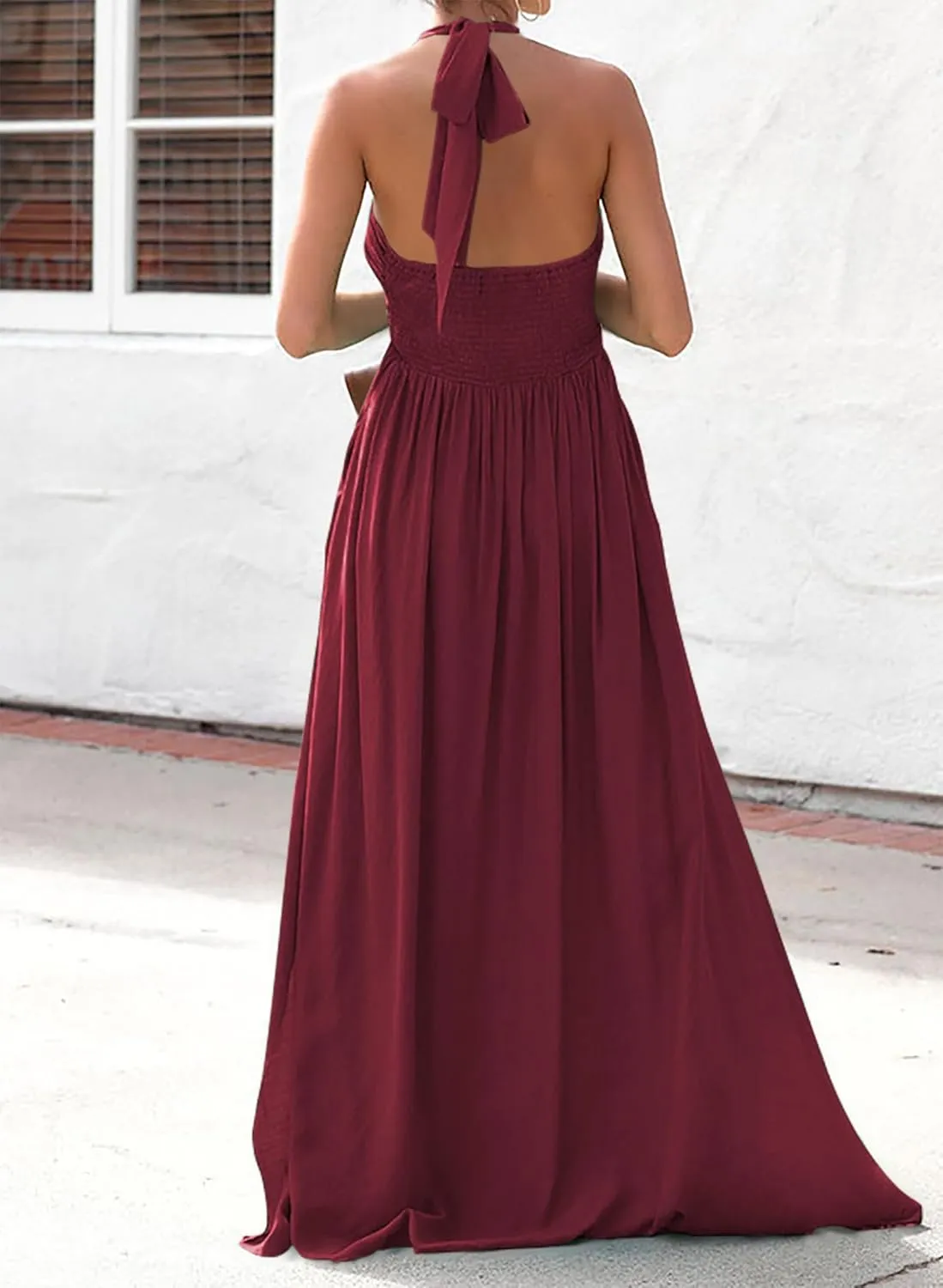 Maxi Chiffon Dresses for Women 2025 Sexy Halter V Neck Backless Smocked High Waisted A Line Beach Vacation Sundress