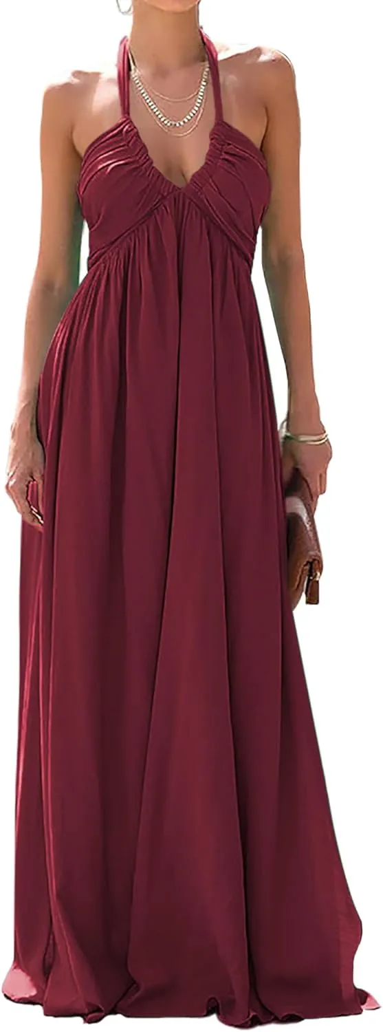 Maxi Chiffon Dresses for Women 2025 Sexy Halter V Neck Backless Smocked High Waisted A Line Beach Vacation Sundress