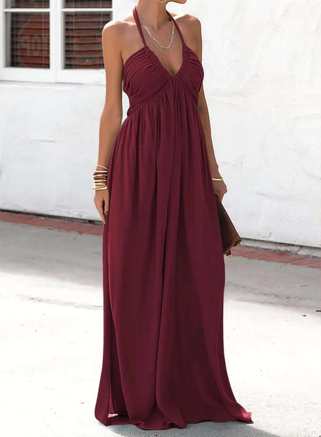 Maxi Chiffon Dresses for Women 2025 Sexy Halter V Neck Backless Smocked High Waisted A Line Beach Vacation Sundress