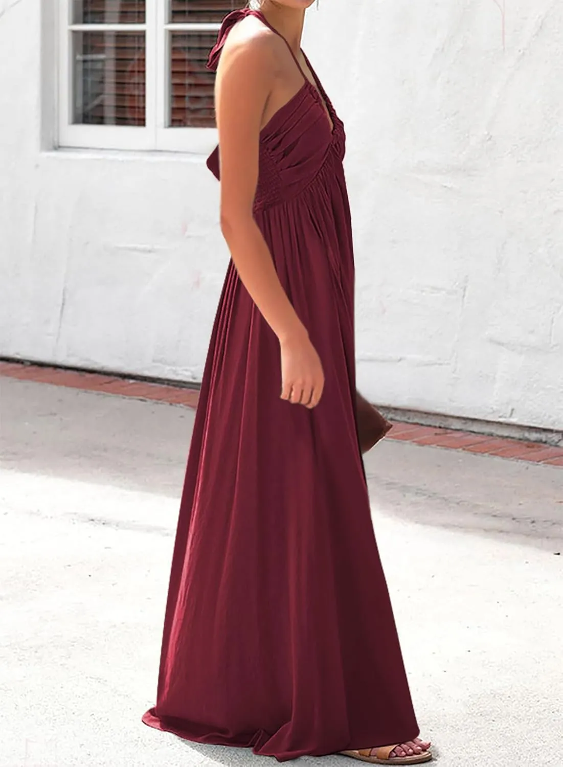 Maxi Chiffon Dresses for Women 2025 Sexy Halter V Neck Backless Smocked High Waisted A Line Beach Vacation Sundress