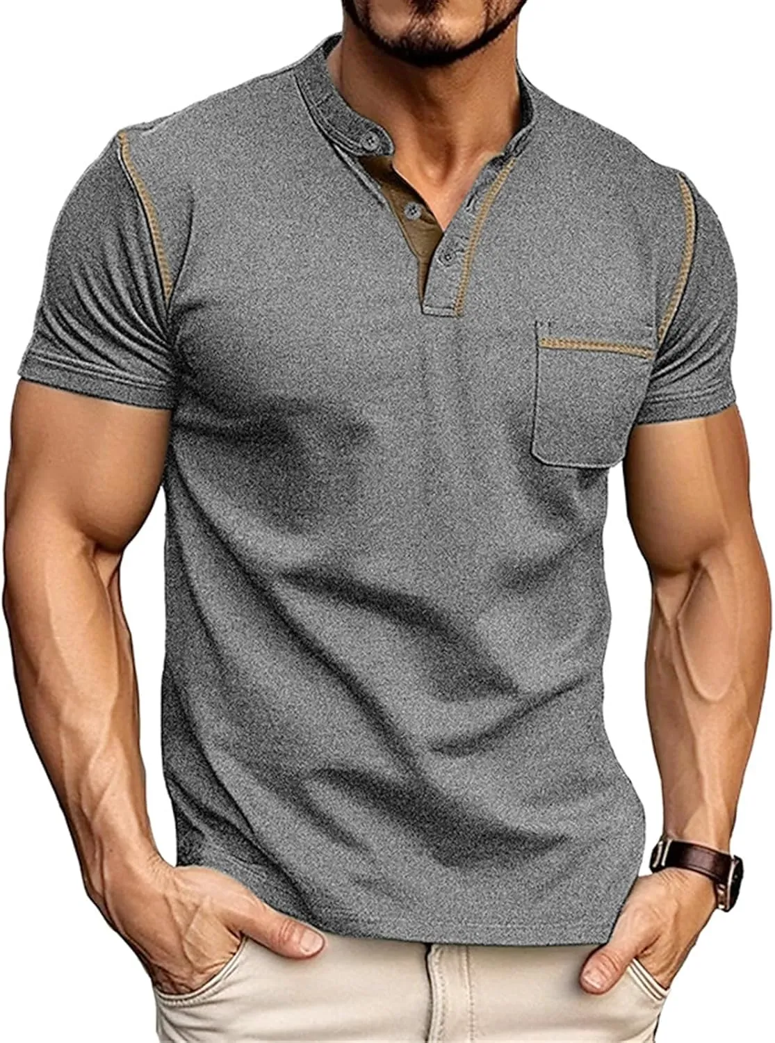 Mens Casual Henley Shirts Short/Long Sleeve Button Classic Tees Tops Fashion Lightweight Stylish T-Shirts with Pocket