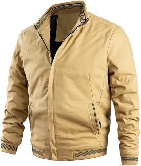Men's Cotton Jacket Long Sleeve Lightweight Banded Collar Baseball Bomber Jacket Windbreaker