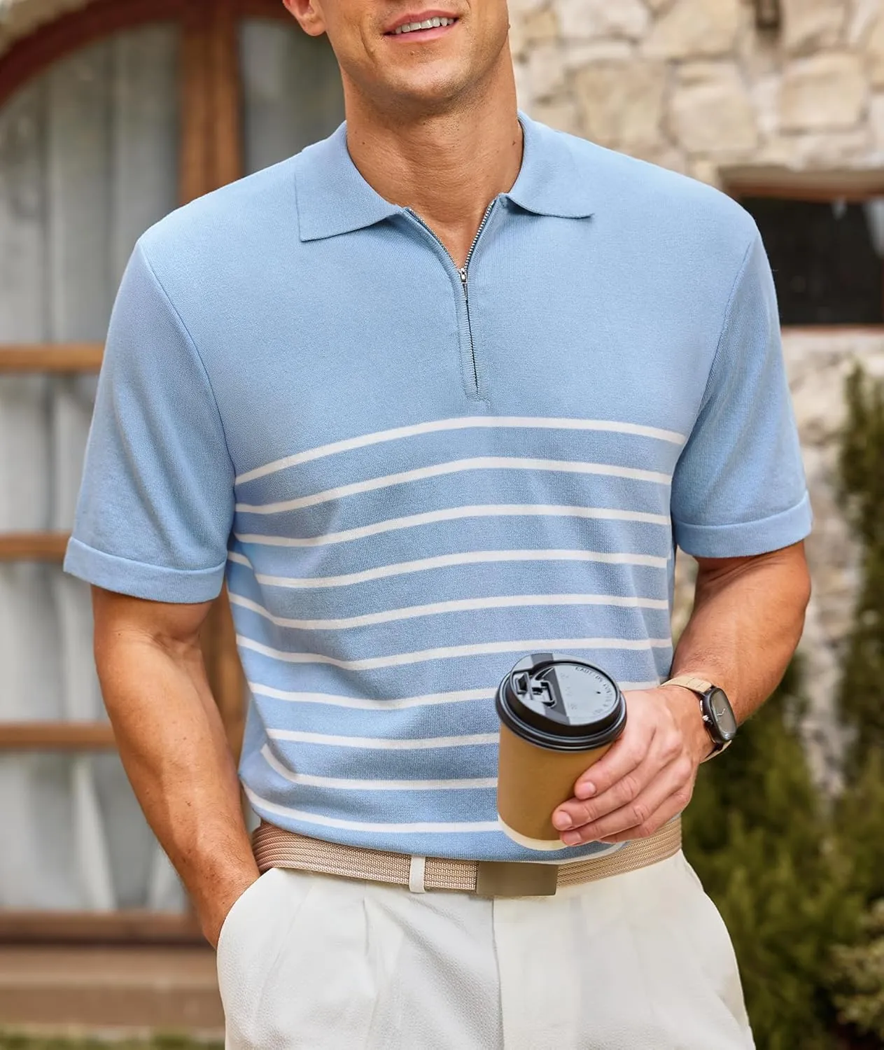 Mens Knit Polo Shirts Short Sleeve Vintage Striped T Shirts Zipper Collared Lightweight Golf Shirt