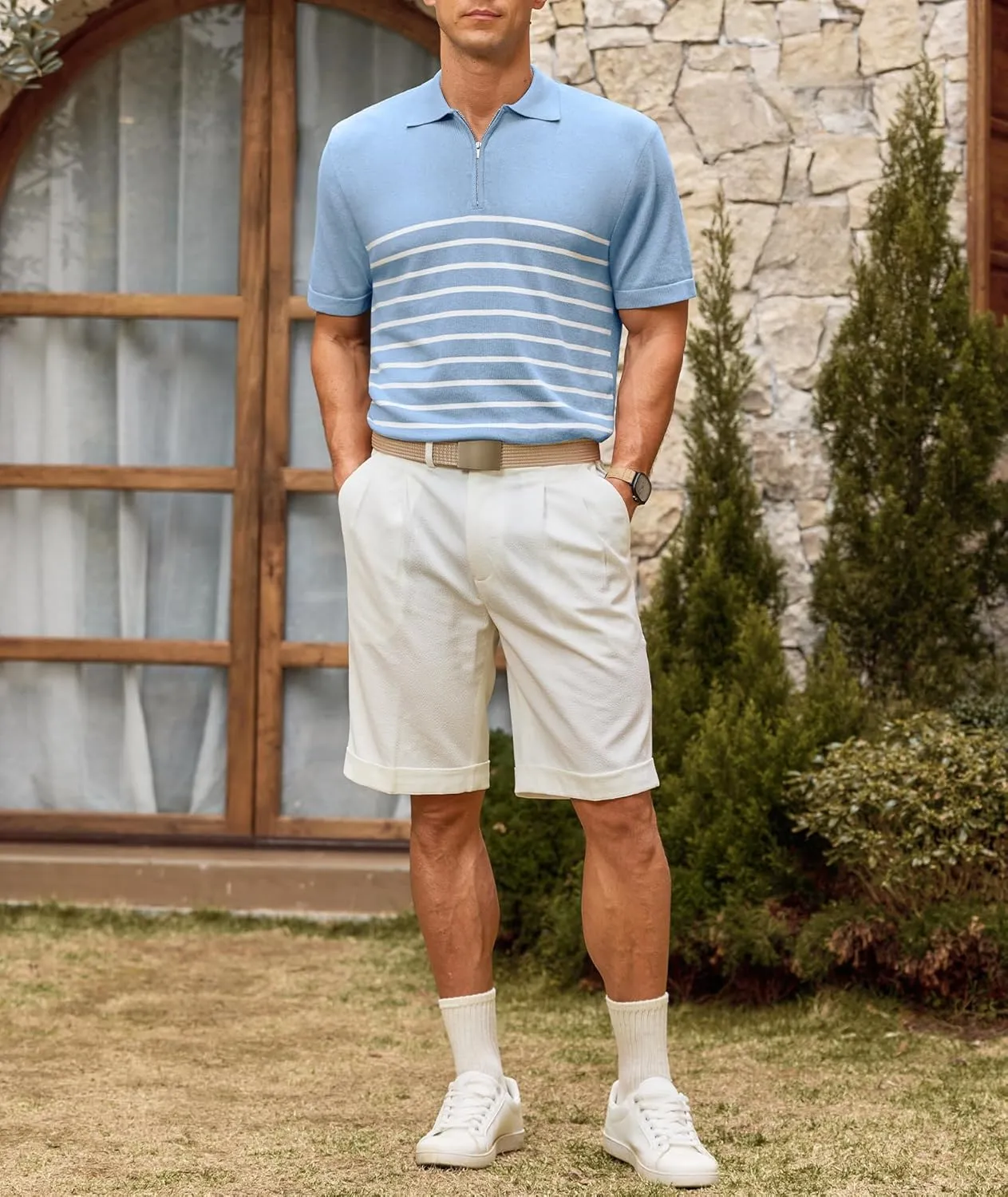 Mens Knit Polo Shirts Short Sleeve Vintage Striped T Shirts Zipper Collared Lightweight Golf Shirt