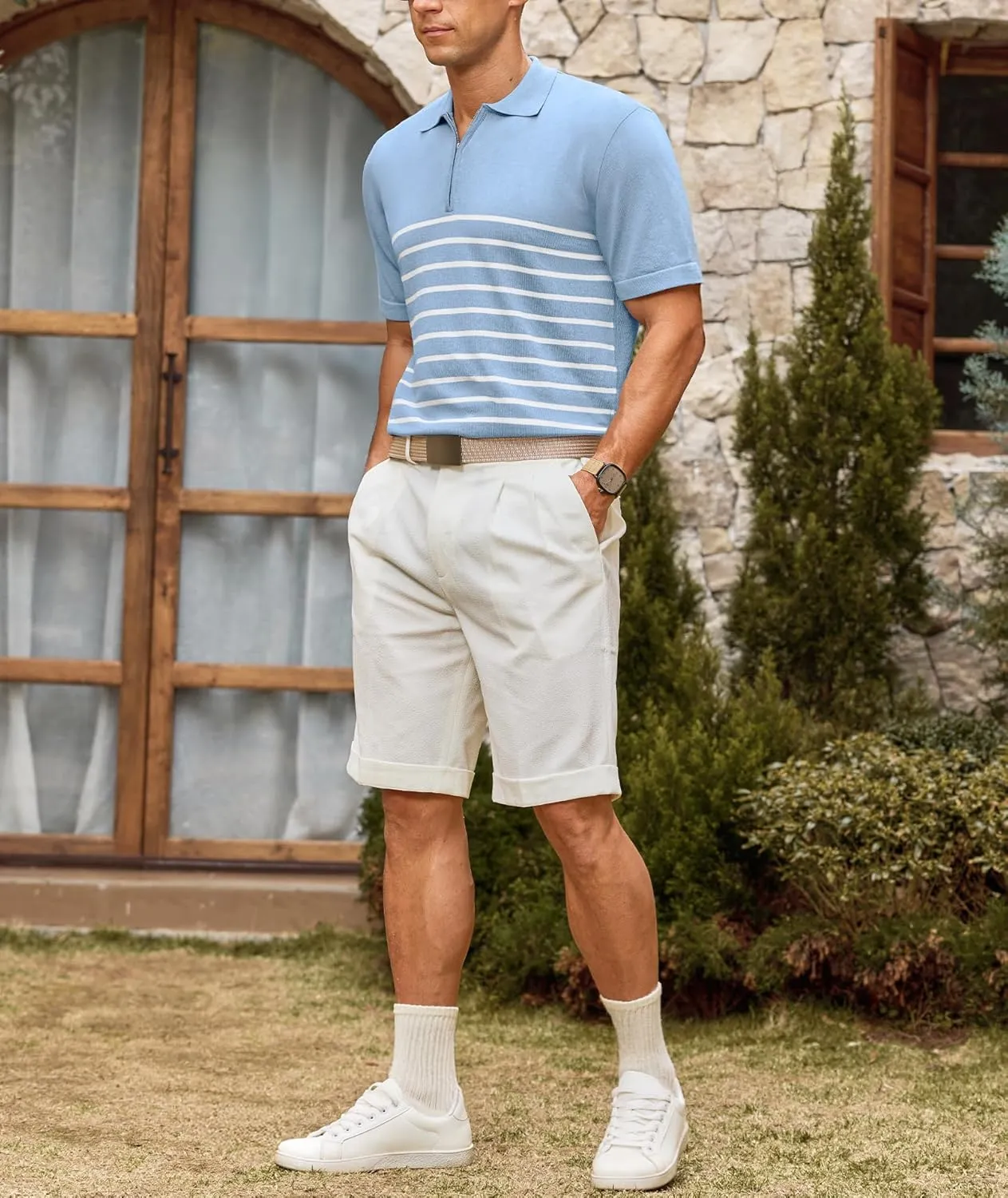 Mens Knit Polo Shirts Short Sleeve Vintage Striped T Shirts Zipper Collared Lightweight Golf Shirt