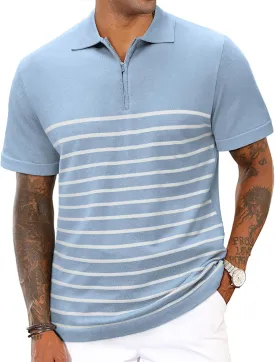 Mens Knit Polo Shirts Short Sleeve Vintage Striped T Shirts Zipper Collared Lightweight Golf Shirt