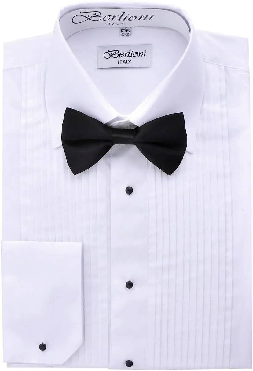 Mens Long Sleeve Tuxedo Dress Shirt Bow Tie French Convertible Cuffs