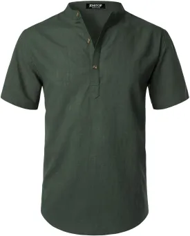 Men's Summer Lightweight Cotton Linen Shirts Casual Short Sleeve Breathable Banded Collar Henley for Beach Vacation
