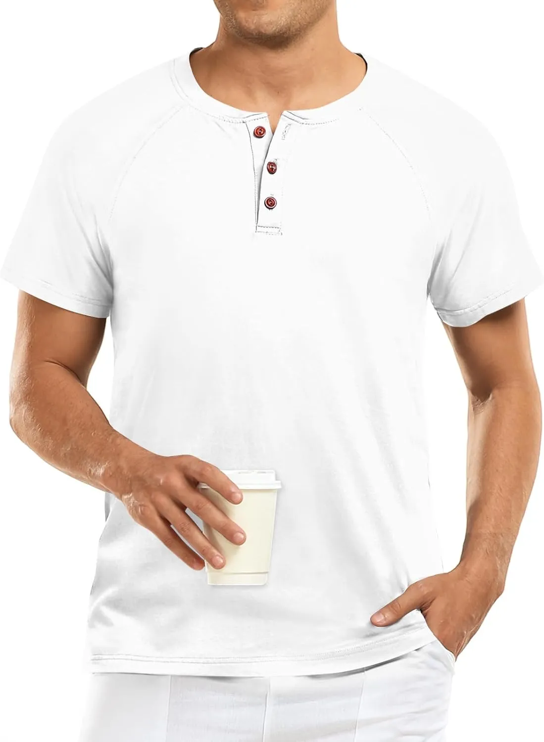 Men's Summer Polo Shirts Short Sleeve Cotton Casual Henley T-Shirts Button Raglan Sleeve Tees