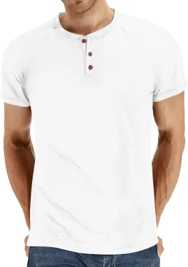 Men's Summer Polo Shirts Short Sleeve Cotton Casual Henley T-Shirts Button Raglan Sleeve Tees