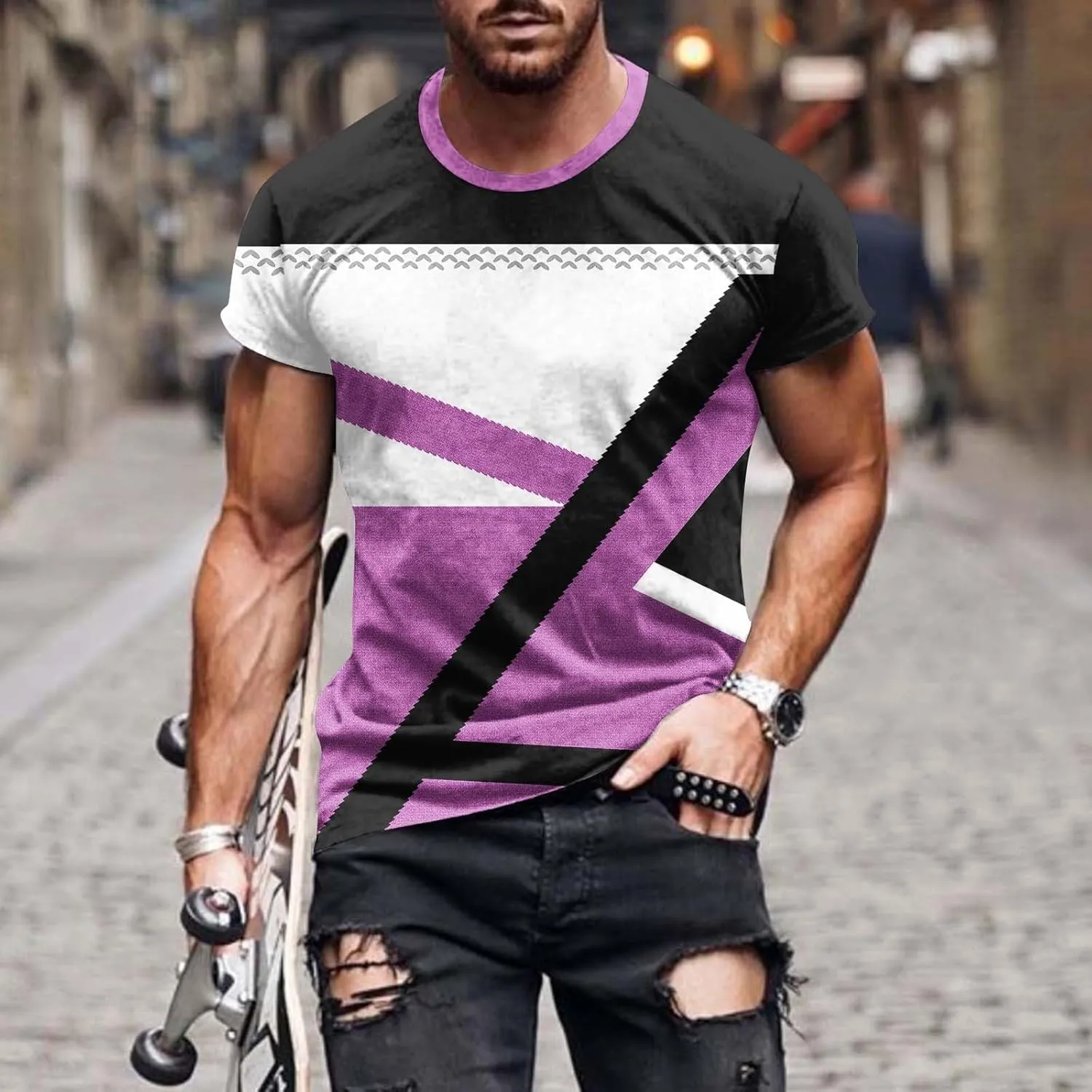 Mens T-Shirt Casual Geometric Patterns Short Sleeve T Shirts Trendy Pullover Crewneck Plus Size Blouse Loose Fit Tee Tops
