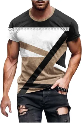 Mens T-Shirt Casual Geometric Patterns Short Sleeve T Shirts Trendy Pullover Crewneck Plus Size Blouse Loose Fit Tee Tops