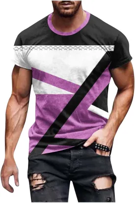 Mens T-Shirt Casual Geometric Patterns Short Sleeve T Shirts Trendy Pullover Crewneck Plus Size Blouse Loose Fit Tee Tops