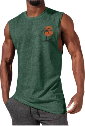 Men's Workout Tank Tops Gym Cut Off Sleeveless T Shirt Bodybuilding Fitness Muscle Athletic Tank Top Palm Tree Shirts Tee
