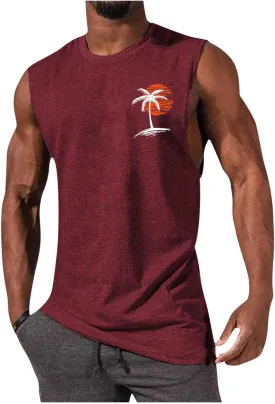 Men's Workout Tank Tops Gym Cut Off Sleeveless T Shirt Bodybuilding Fitness Muscle Athletic Tank Top Palm Tree Shirts Tee