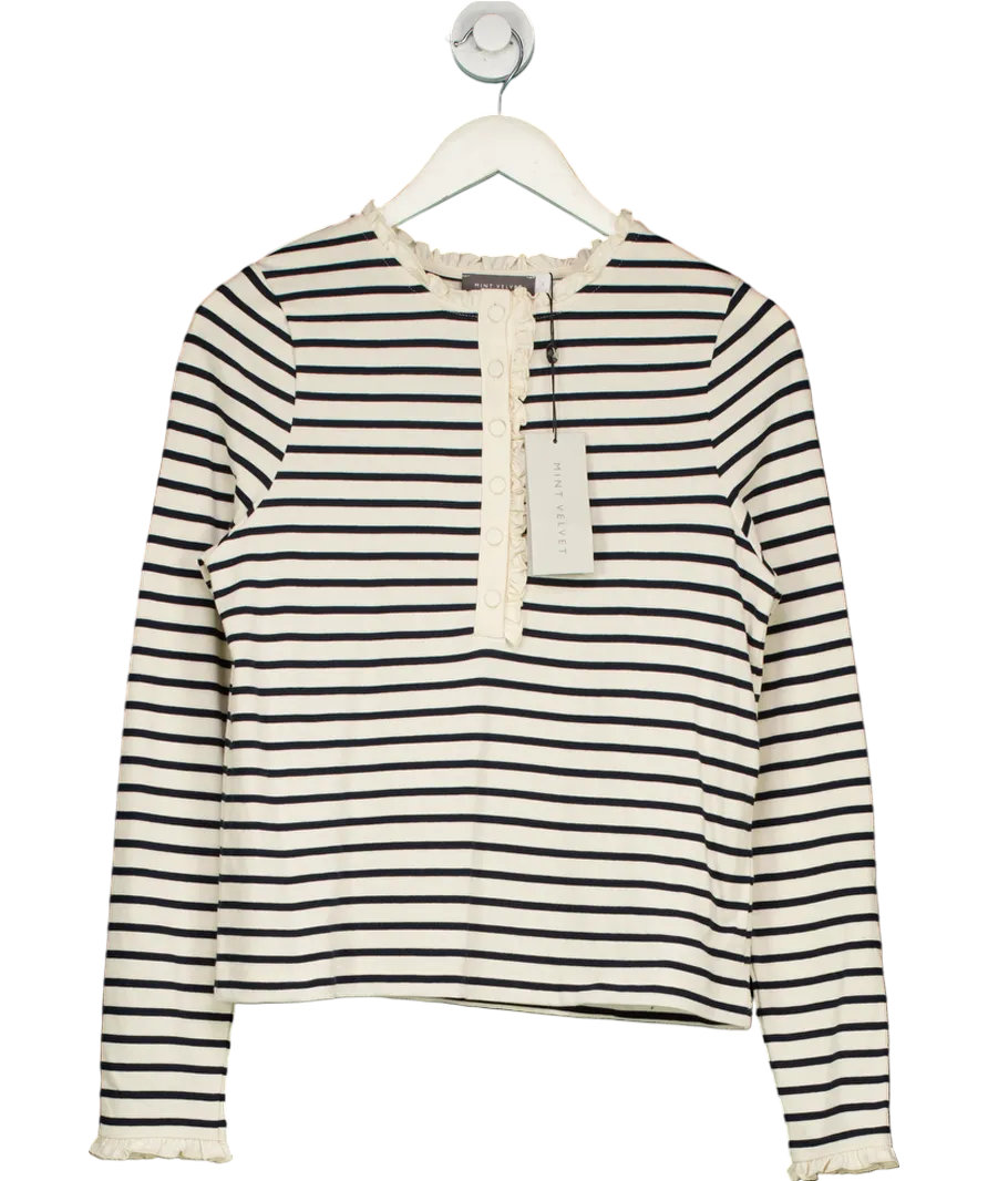 Mint Velvet Blue Stripe Frill Henley Top UK S