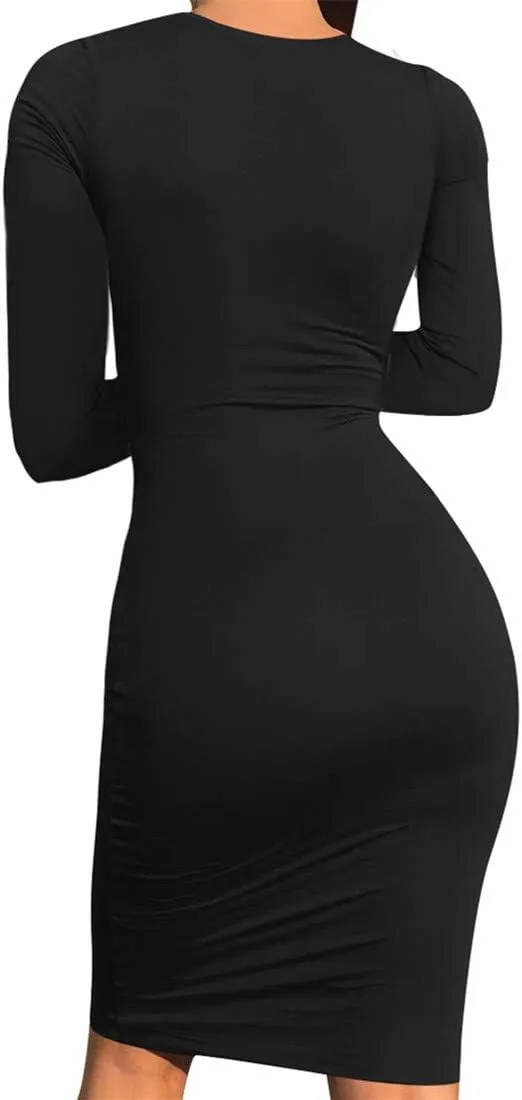 Mokoru Women's Casual Basic Pencil Dress Sexy Long Sleeve Bodycon Midi Club Dress