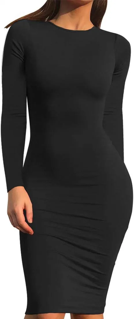 Mokoru Women's Casual Basic Pencil Dress Sexy Long Sleeve Bodycon Midi Club Dress