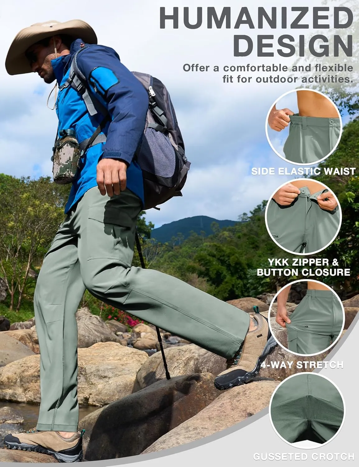 MOURCE Hiking Pants Men Lightweight - Water Resistant Quick Dry Outdoor Cargo Pants for Men with 8 Pockets