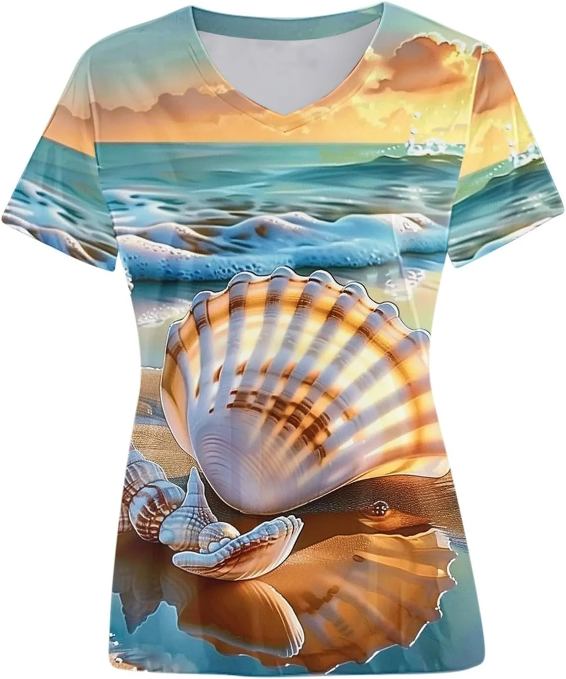 Mzkdieey Women's Ocean Life T Shirt 3D Novelty Graphic Tees Vintage Short Sleeve V Neck Tops Summer Casual Beach Tunic Blouse