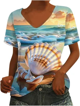 Mzkdieey Women's Ocean Life T Shirt 3D Novelty Graphic Tees Vintage Short Sleeve V Neck Tops Summer Casual Beach Tunic Blouse