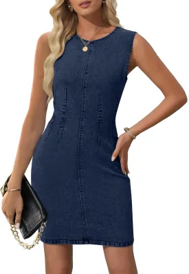 NENONA Women's Summer Sleeveless Denim Dress Casual Crew Neck Stretchy Mini Jean Dresses