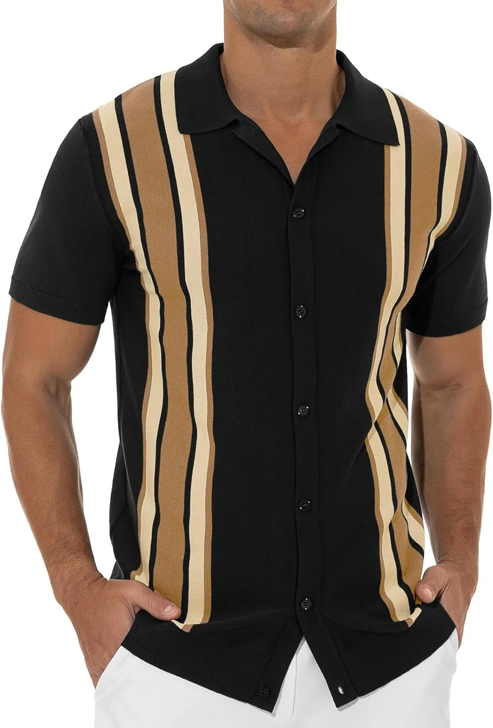 NITAGUT Mens Polo Shirts Vintage Striped Knitting Short Sleeves Button Down Golf Shirts