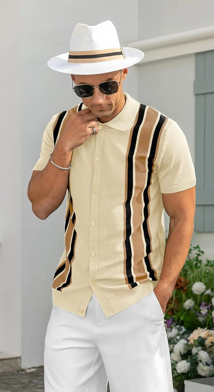 NITAGUT Mens Polo Shirts Vintage Striped Knitting Short Sleeves Button Down Golf Shirts