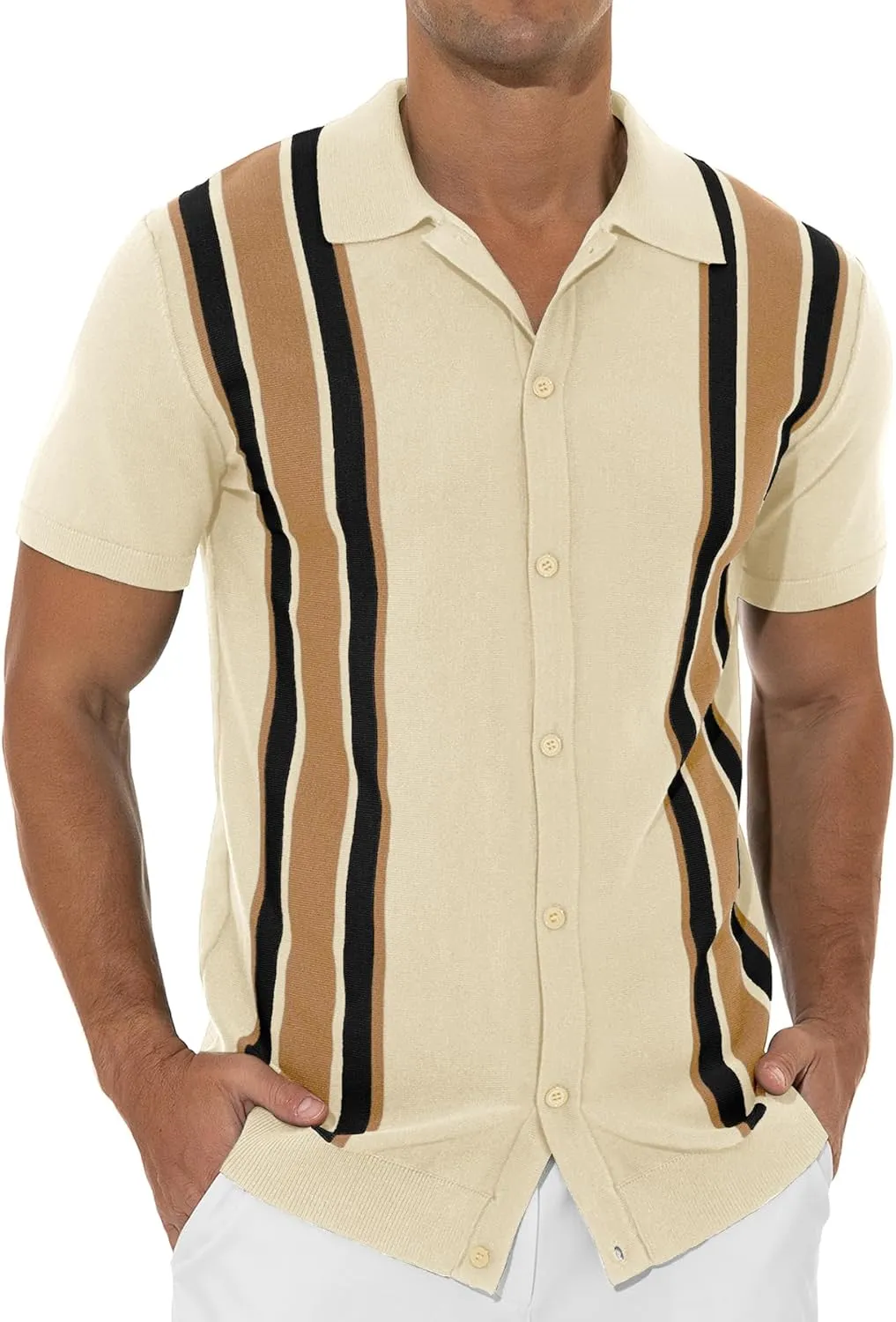 NITAGUT Mens Polo Shirts Vintage Striped Knitting Short Sleeves Button Down Golf Shirts