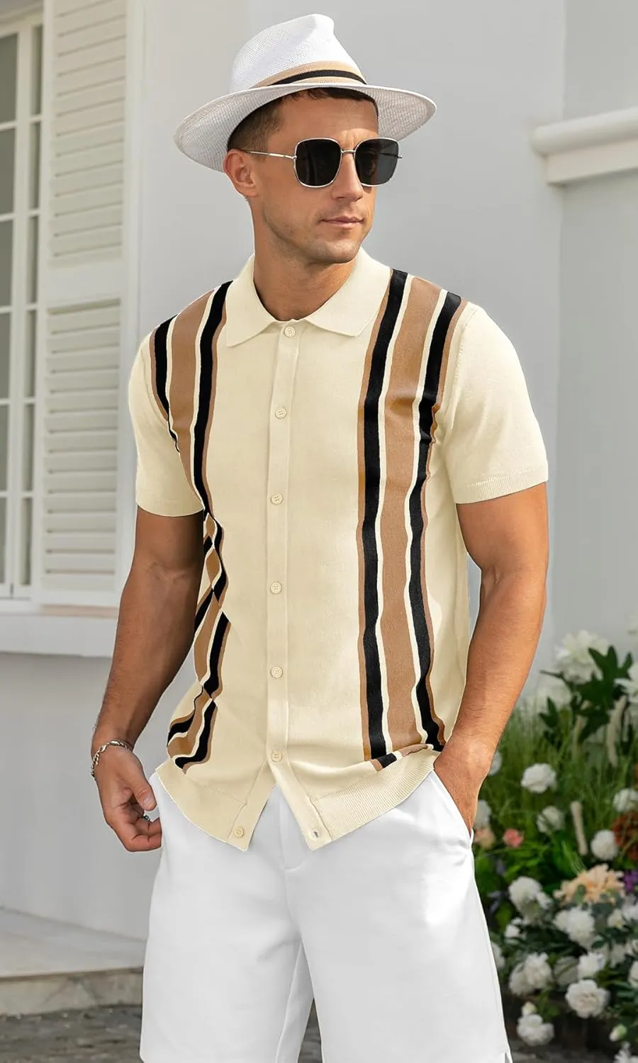 NITAGUT Mens Polo Shirts Vintage Striped Knitting Short Sleeves Button Down Golf Shirts
