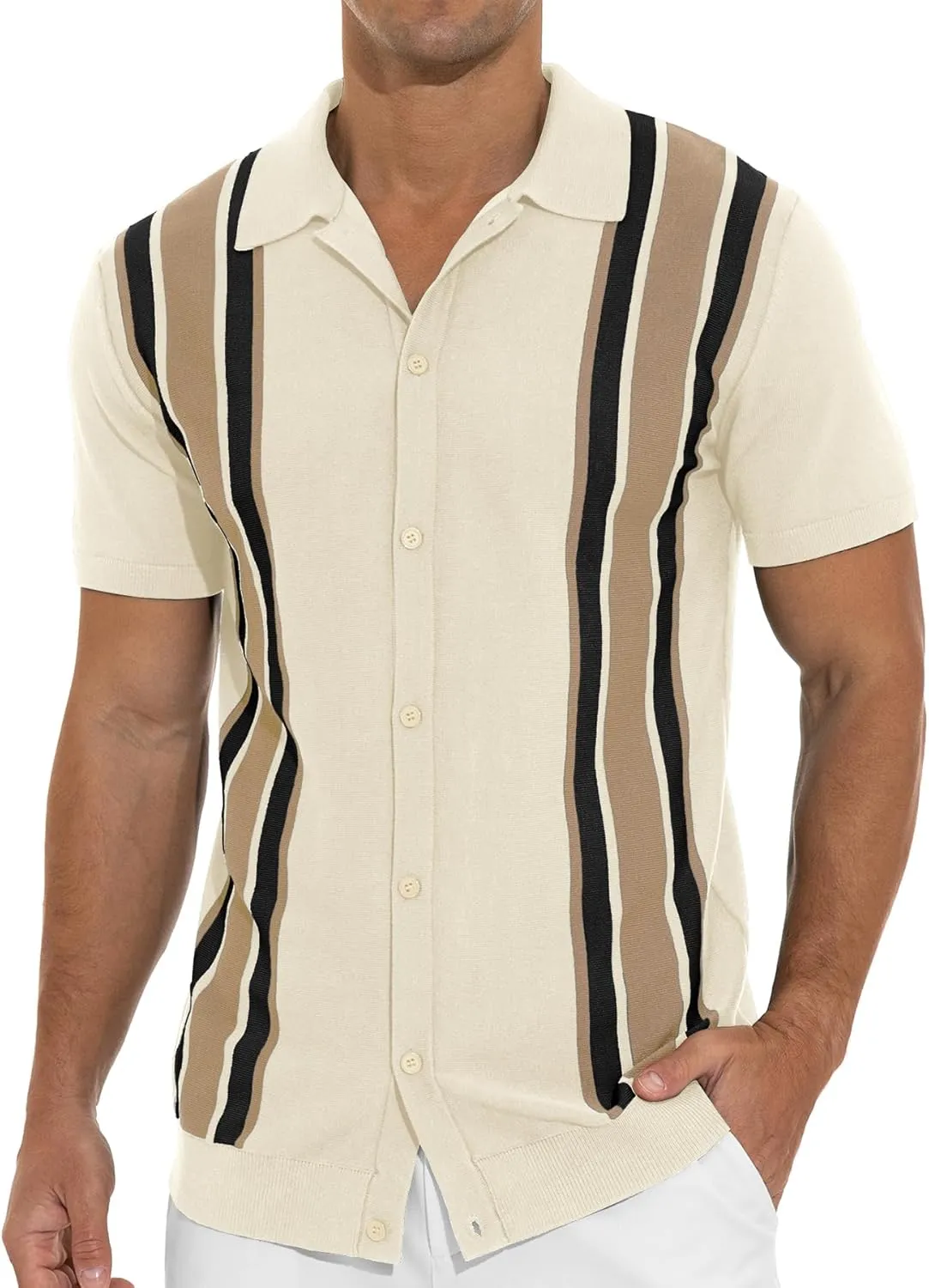 NITAGUT Mens Polo Shirts Vintage Striped Knitting Short Sleeves Button Down Golf Shirts
