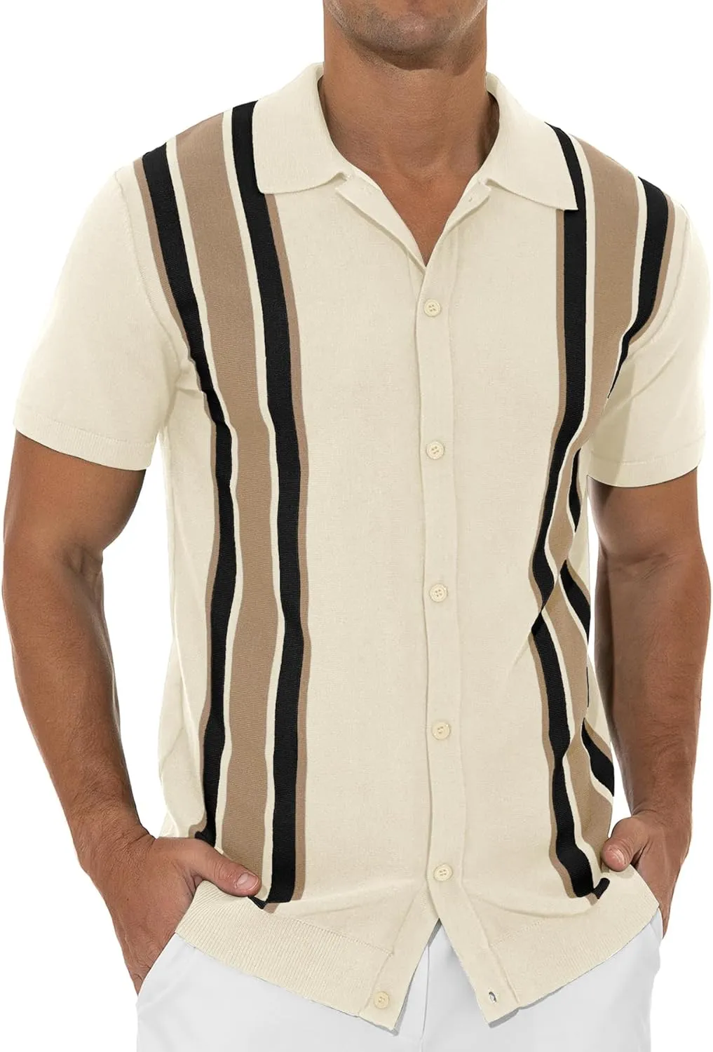 NITAGUT Mens Polo Shirts Vintage Striped Knitting Short Sleeves Button Down Golf Shirts