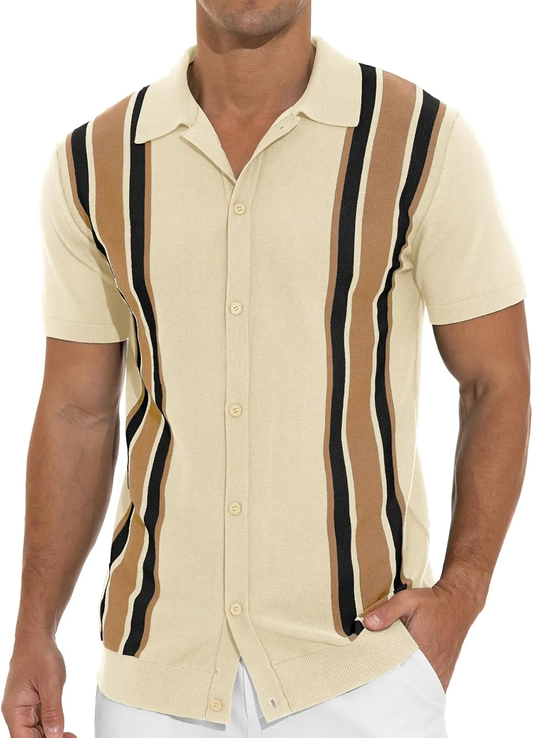 NITAGUT Mens Polo Shirts Vintage Striped Knitting Short Sleeves Button Down Golf Shirts
