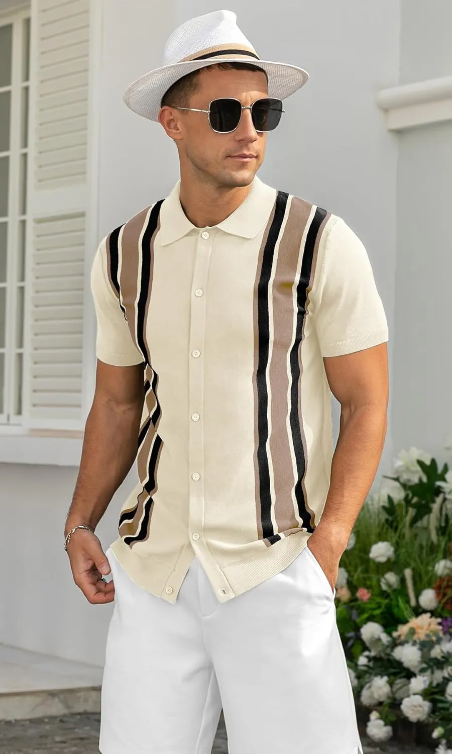 NITAGUT Mens Polo Shirts Vintage Striped Knitting Short Sleeves Button Down Golf Shirts