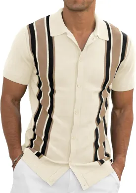 NITAGUT Mens Polo Shirts Vintage Striped Knitting Short Sleeves Button Down Golf Shirts