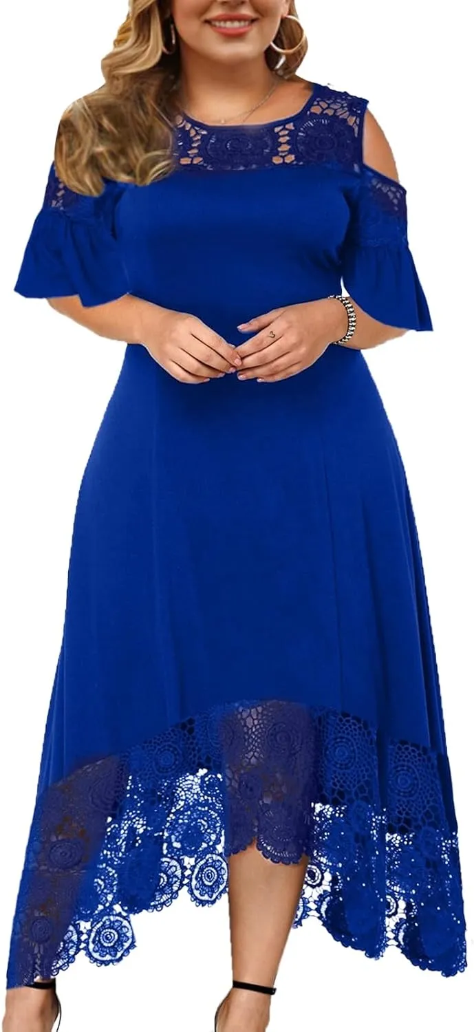 ODIZLI Women's Plus Size Short Sleeve Off-Shoulder Floral Lace Irregular Hemline Ruffle Midi Dress Party Dress
