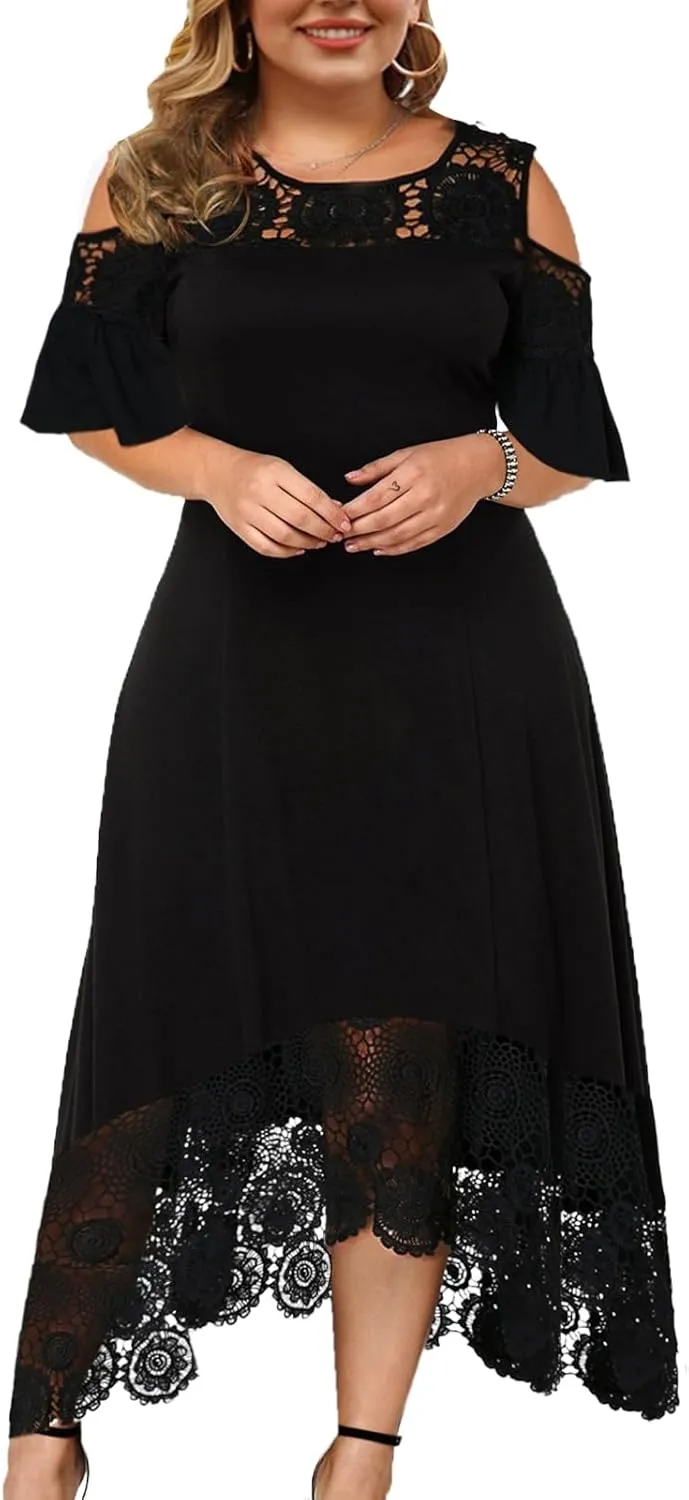 ODIZLI Women's Plus Size Short Sleeve Off-Shoulder Floral Lace Irregular Hemline Ruffle Midi Dress Party Dress