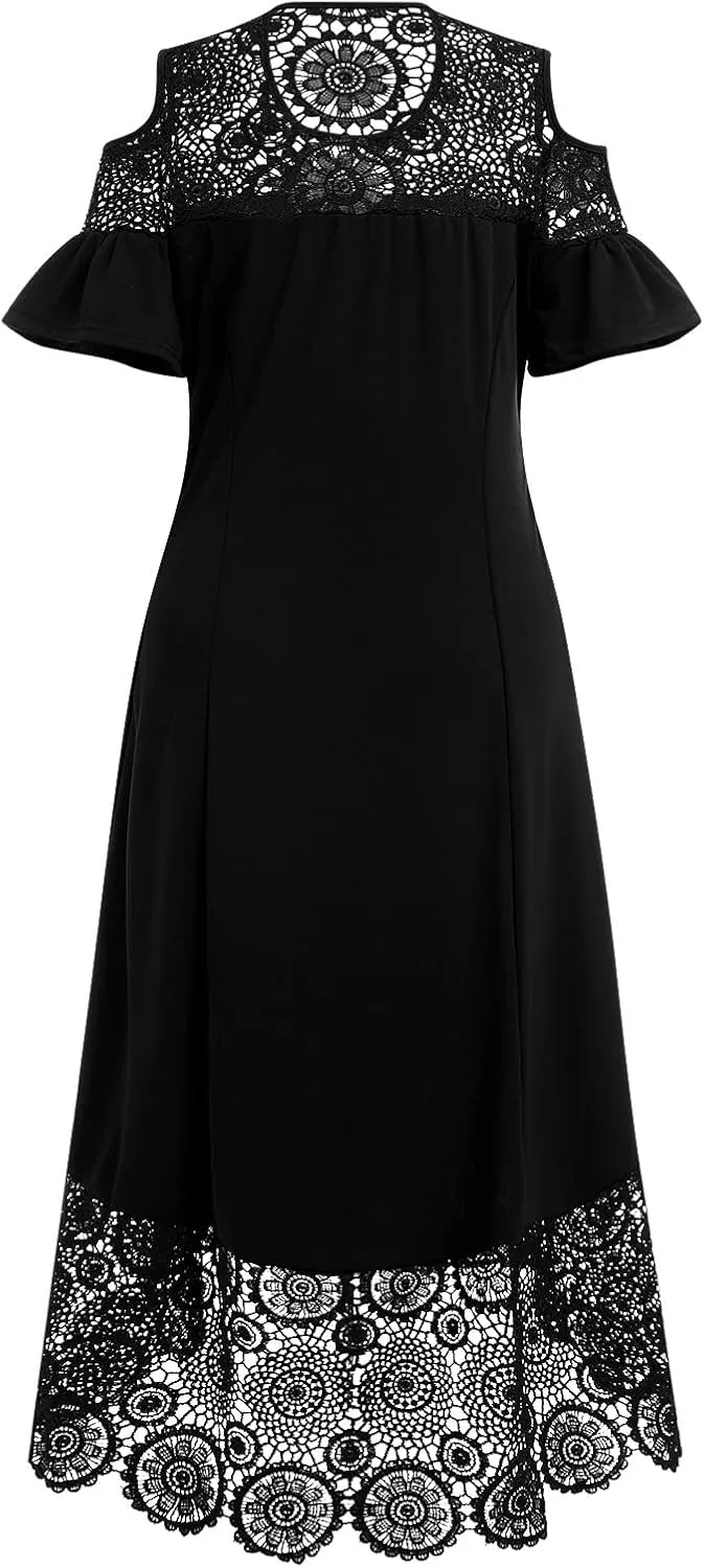 ODIZLI Women's Plus Size Short Sleeve Off-Shoulder Floral Lace Irregular Hemline Ruffle Midi Dress Party Dress